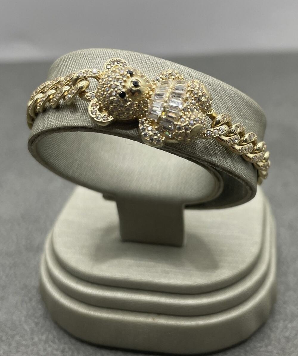 14K Yellow Gold CZ Curb Teddy Bear Bracelet (12962) (12962)